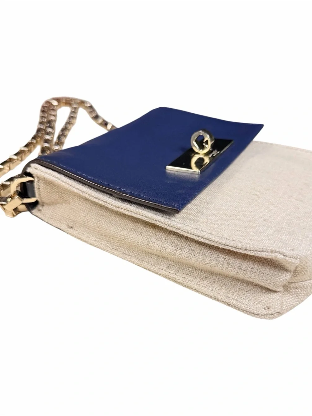Kate Spade Navy Leather Beige Canvas Gold Chain Crossbody Mini Shoulder Bag